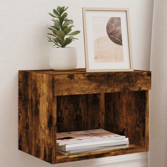 Bedside Cabinet with LED Lights Wall-mounted Smoked Oak