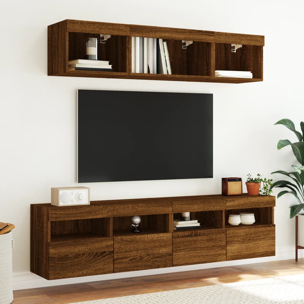 TV Wall Cabinet with LED Lights Brown Oak 80x30x40 cm