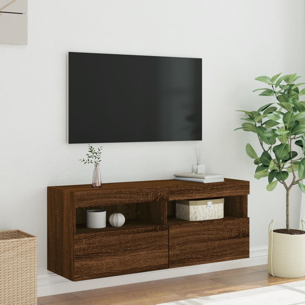 TV Wall Cabinet with LED Lights Brown Oak 100x30x40 cm