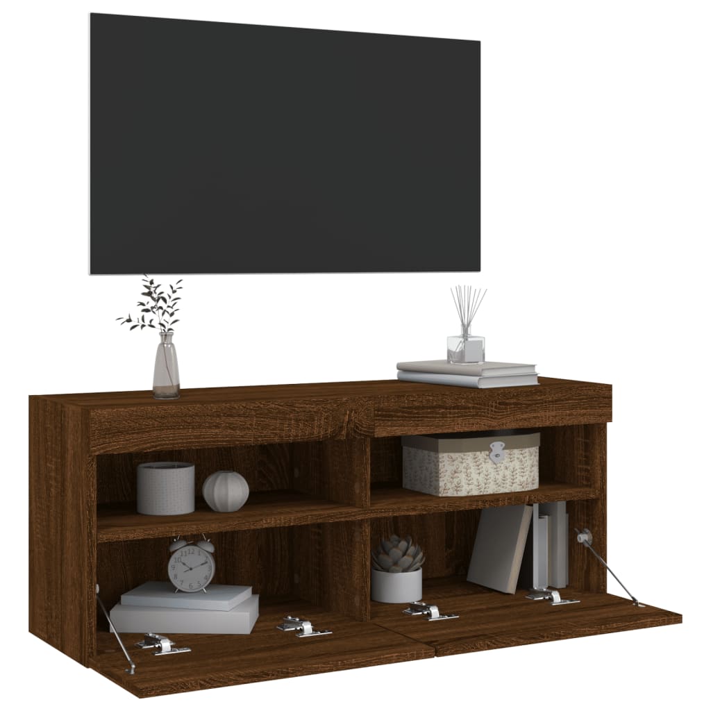 TV Wall Cabinet with LED Lights Brown Oak 100x30x40 cm