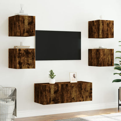 TV Wall Cabinets with LED Lights 2 pcs Smoked Oak 30.5x35x30 cm