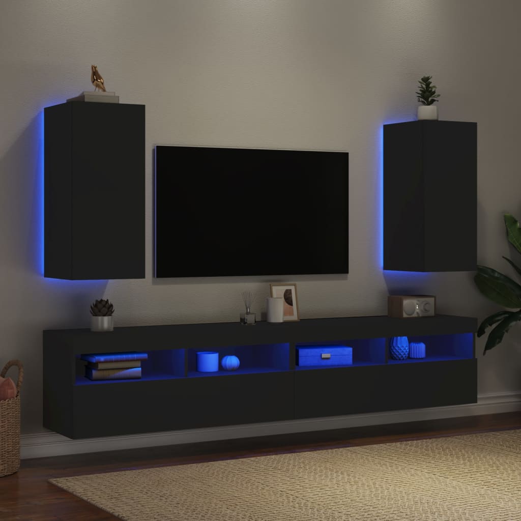 TV Wall Cabinets with LED Lights 2 pcs Black 30.5x35x70 cm