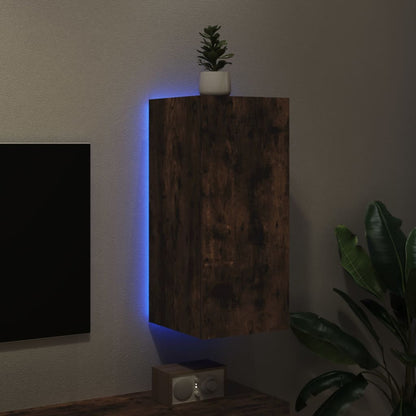 TV Wall Cabinet with LED Lights Smoked Oak 30.5x35x70 cm