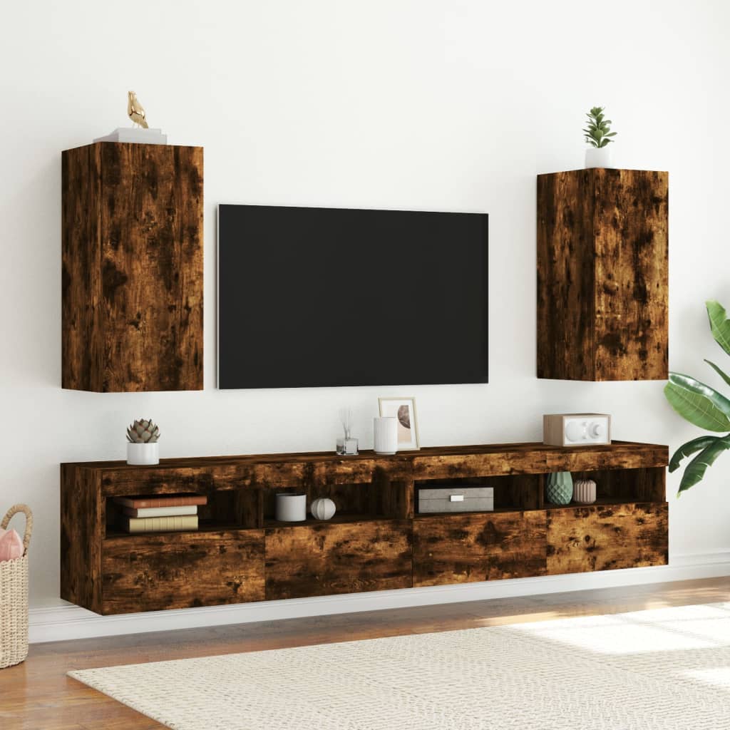 TV Wall Cabinet with LED Lights Smoked Oak 30.5x35x70 cm