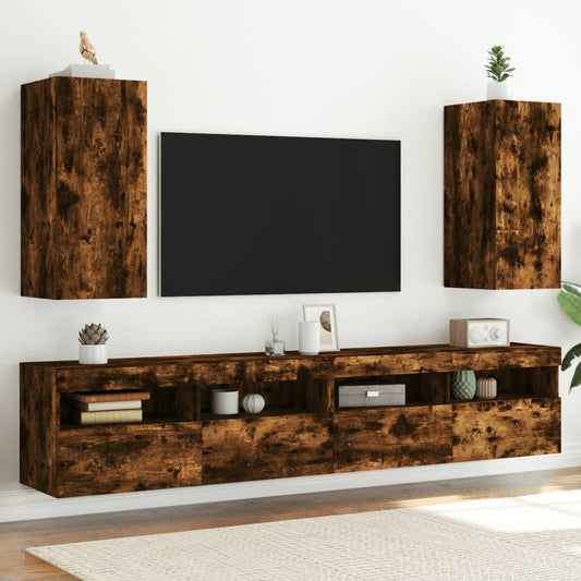 TV Wall Cabinets with LED Lights 2 pcs Smoked Oak 30.5x35x70 cm