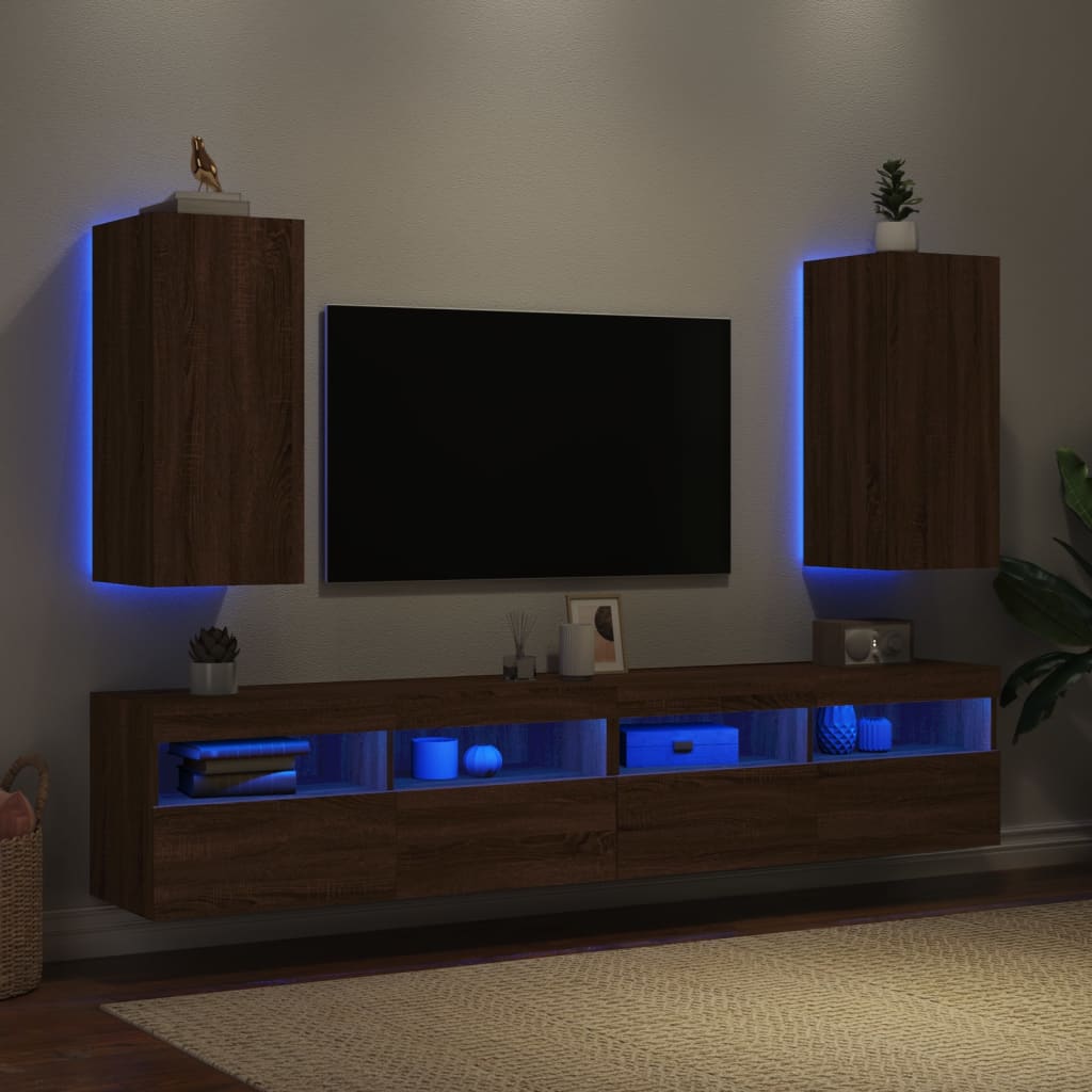 TV Wall Cabinets with LED Lights 2 pcs Brown Oak 30.5x35x70 cm