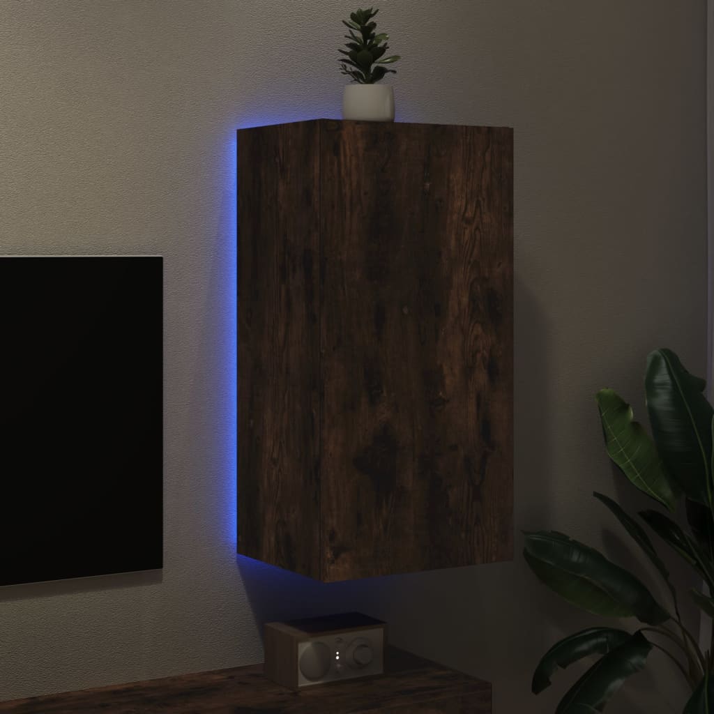 TV Wall Cabinet with LED Lights Smoked Oak 40.5x35x80 cm