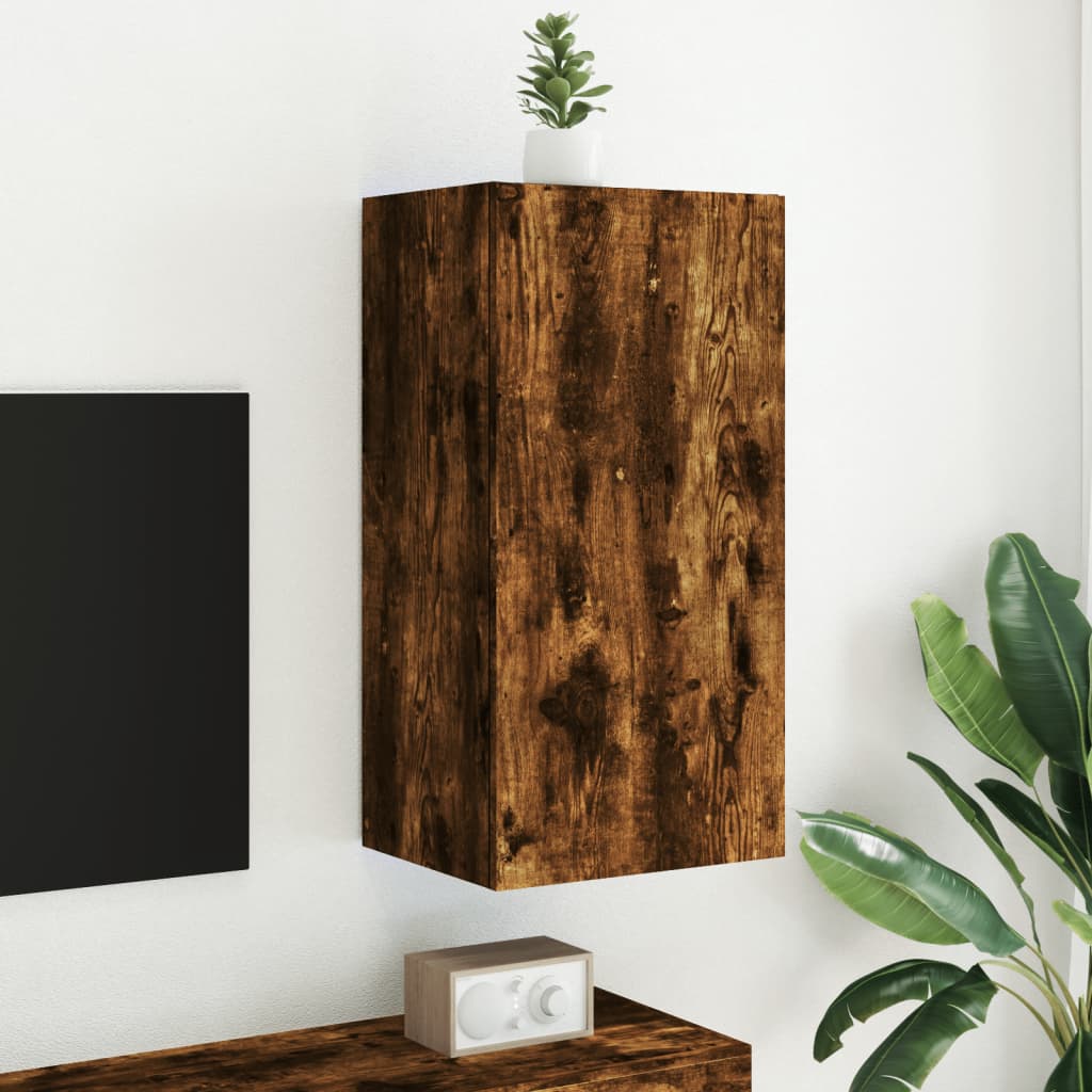 TV Wall Cabinet with LED Lights Smoked Oak 40.5x35x80 cm