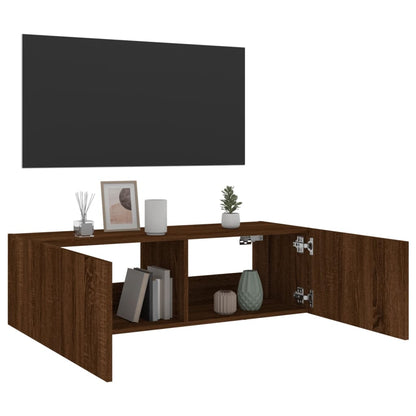 TV Wall Cabinet with LED Lights Brown Oak 100x35x31 cm