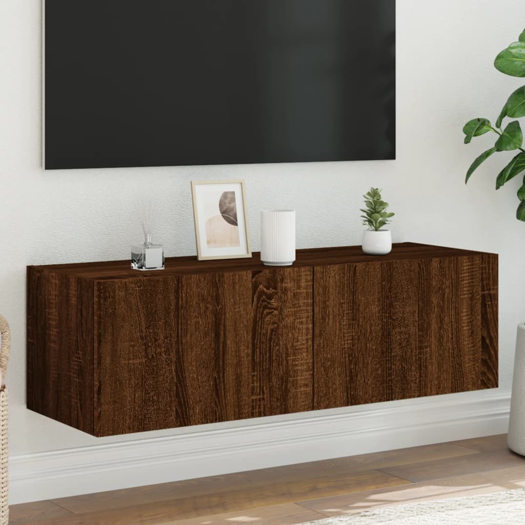 TV Wall Cabinet with LED Lights Brown Oak 100x35x31 cm