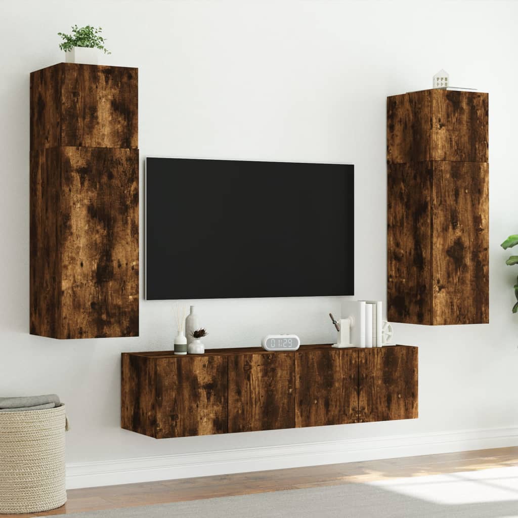 TV Wall Cabinet with LED Lights Smoked Oak 60x35x41 cm