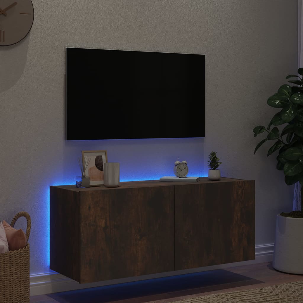 TV Wall Cabinet with LED Lights Smoked Oak 100x35x41 cm