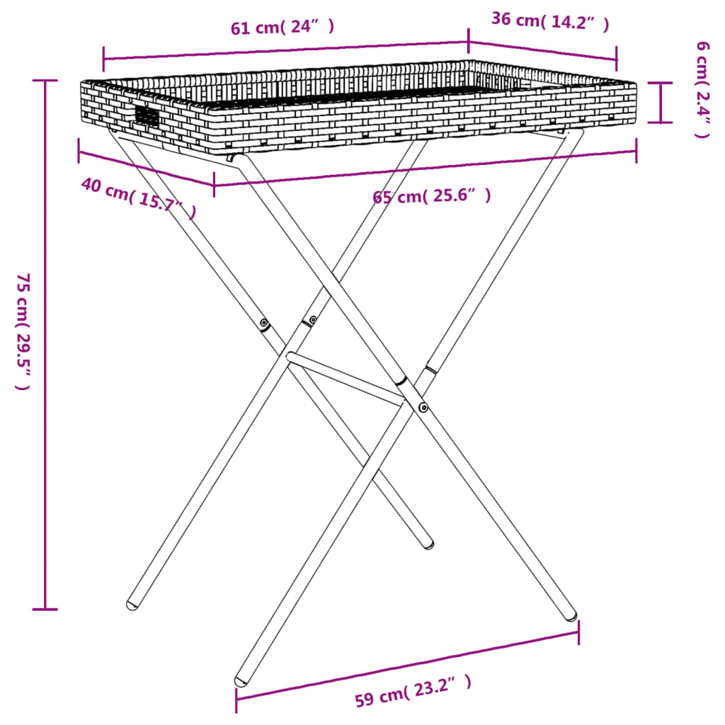 Folding Tray Table Black 65x40x75 cm Poly Rattan