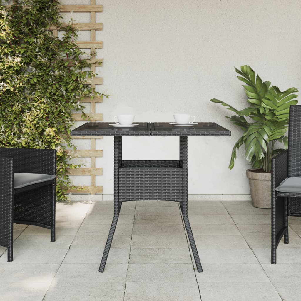 Garden Table with Glass Top Black 80x80x75 cm Poly Rattan