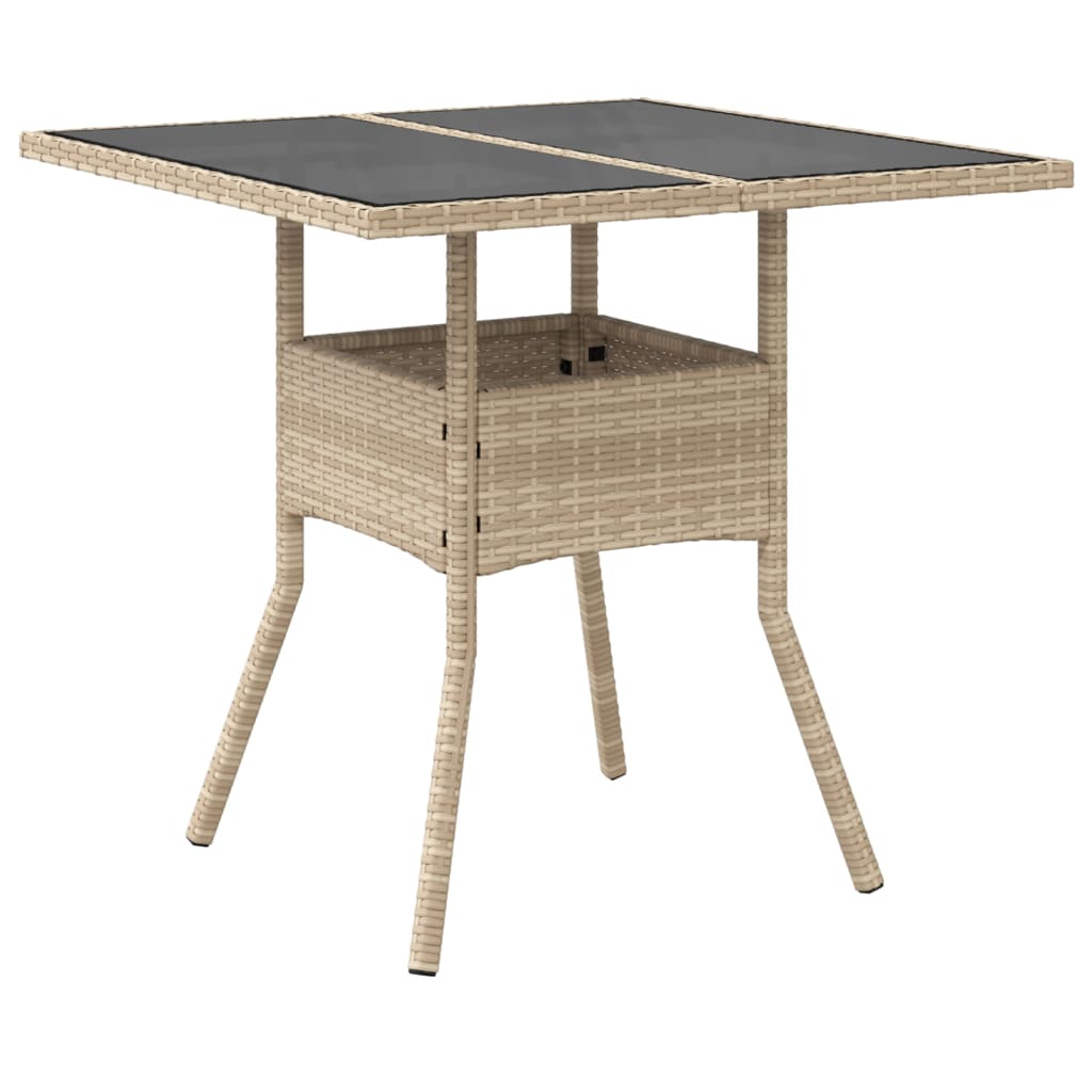 Garden Table with Glass Top Beige 80x80x75 cm Poly Rattan