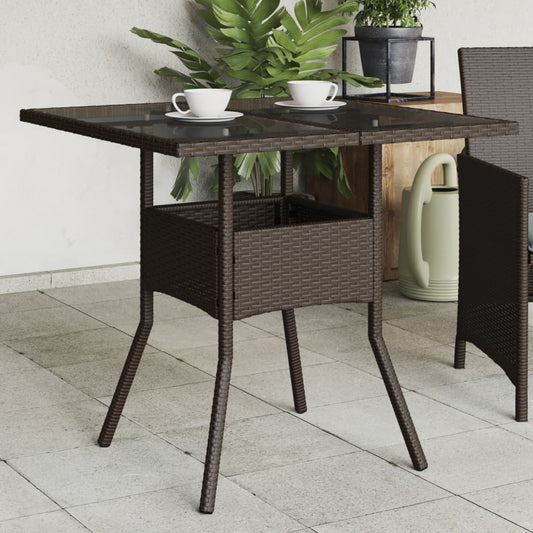 Garden Table with Glass Top Brown 80x80x75 cm Poly Rattan