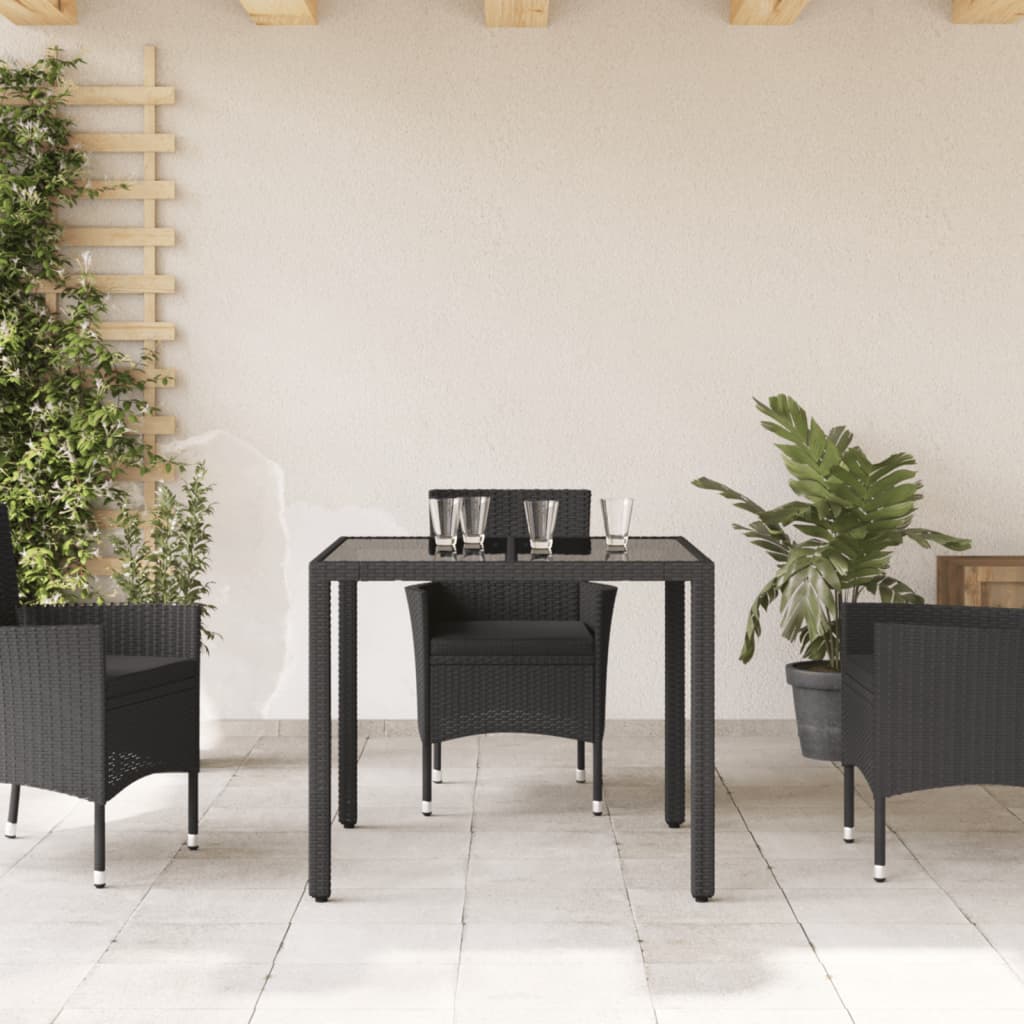 Garden Table with Glass Top Black 90x90x75 cm Poly Rattan