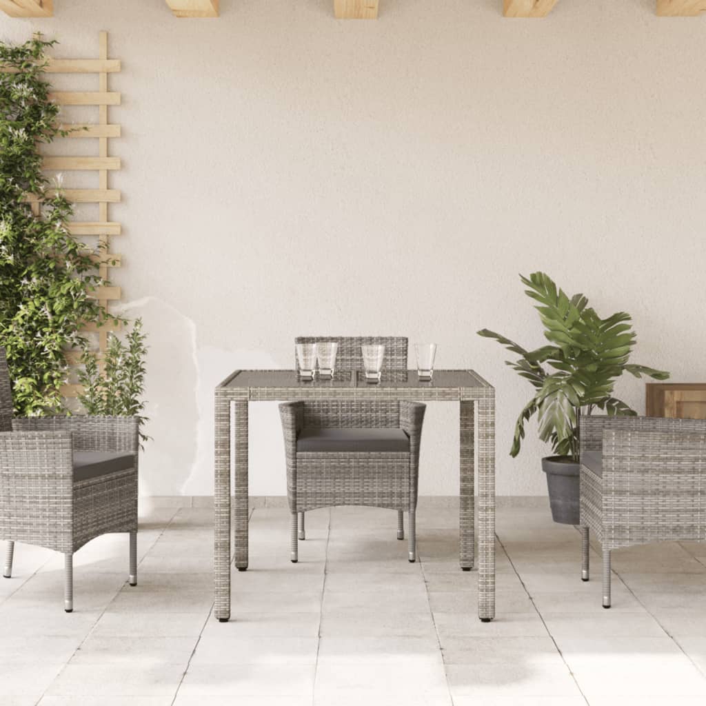 Garden Table with Glass Top Grey 90x90x75 cm Poly Rattan