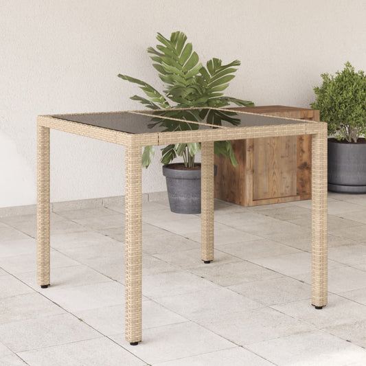 Garden Table with Glass Top Beige 90x90x75 cm Poly Rattan