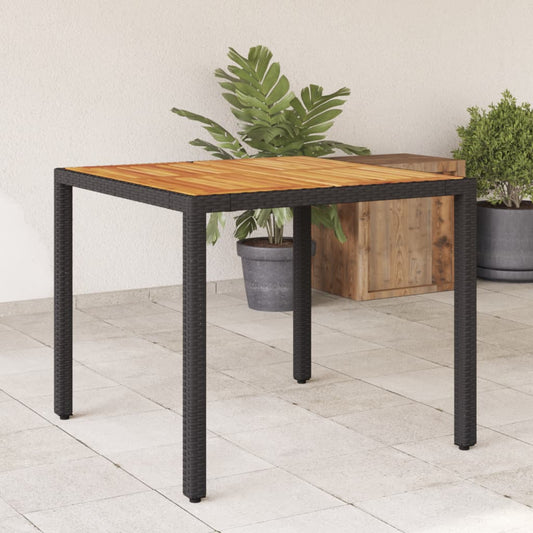 Garden Table with Acacia Wood Top Black 90x90x75 cm Poly Rattan