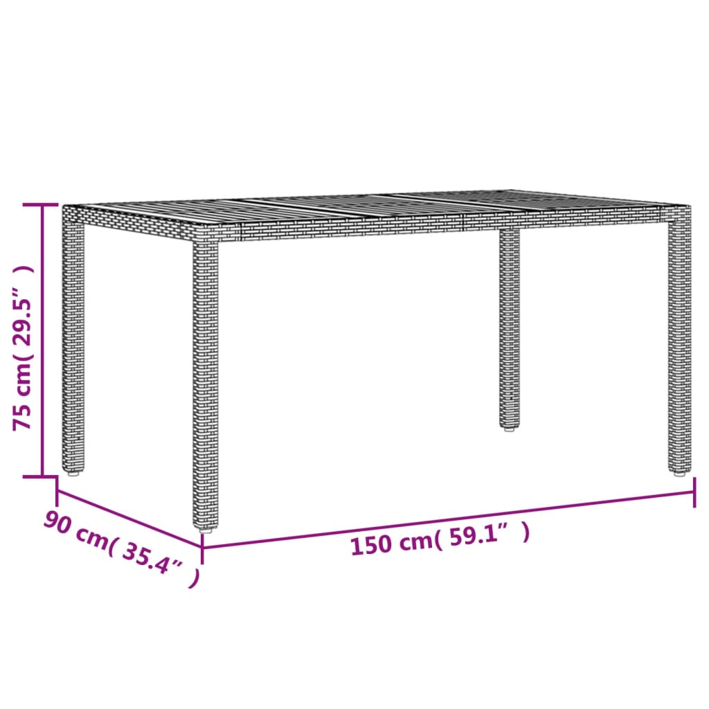 Garden Table with Acacia Wood Top Grey 150x90x75 cm Poly Rattan