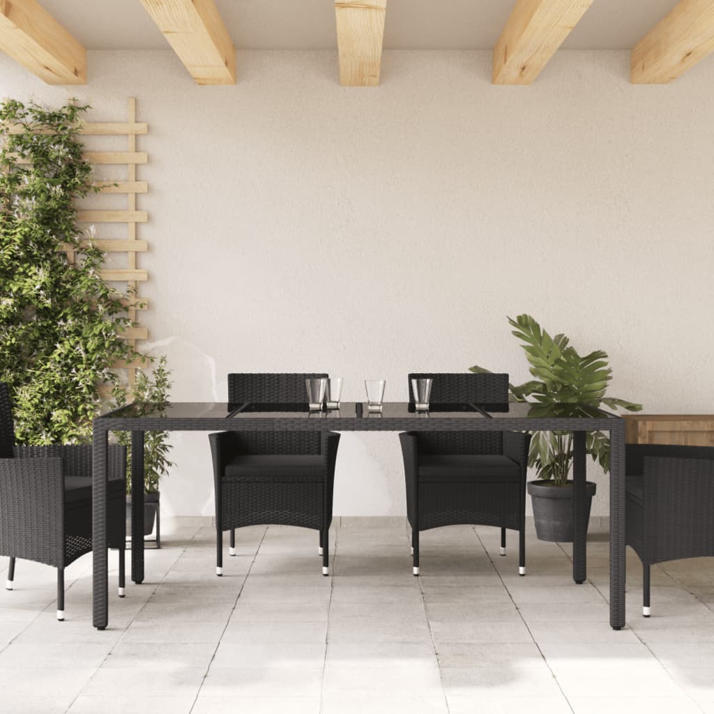 Garden Table with Glass Top Black 190x90x75 cm Poly Rattan