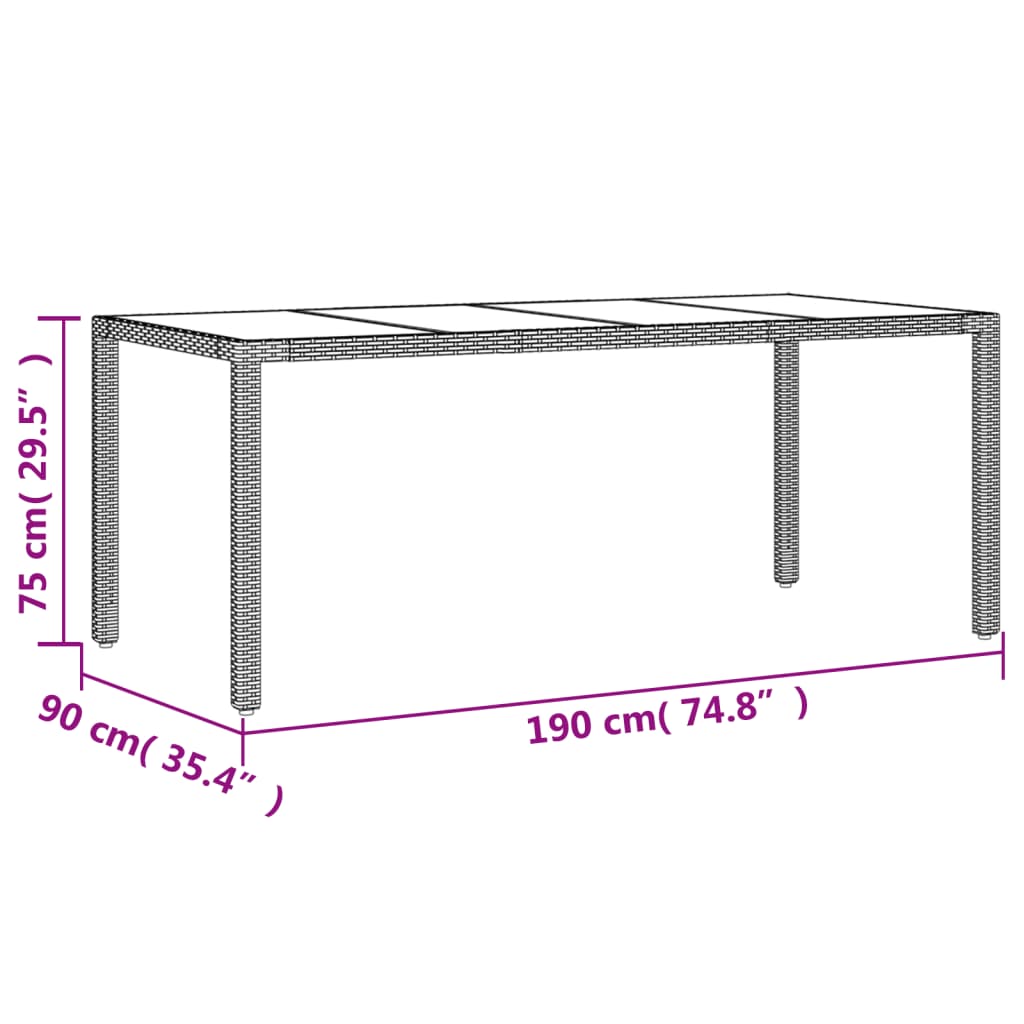 Garden Table with Glass Top Grey 190x90x75 cm Poly Rattan