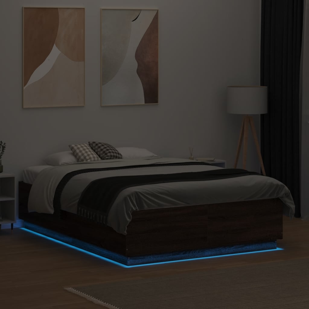 Bed Frame with LED without Mattress Brown Oak 140x190 cm