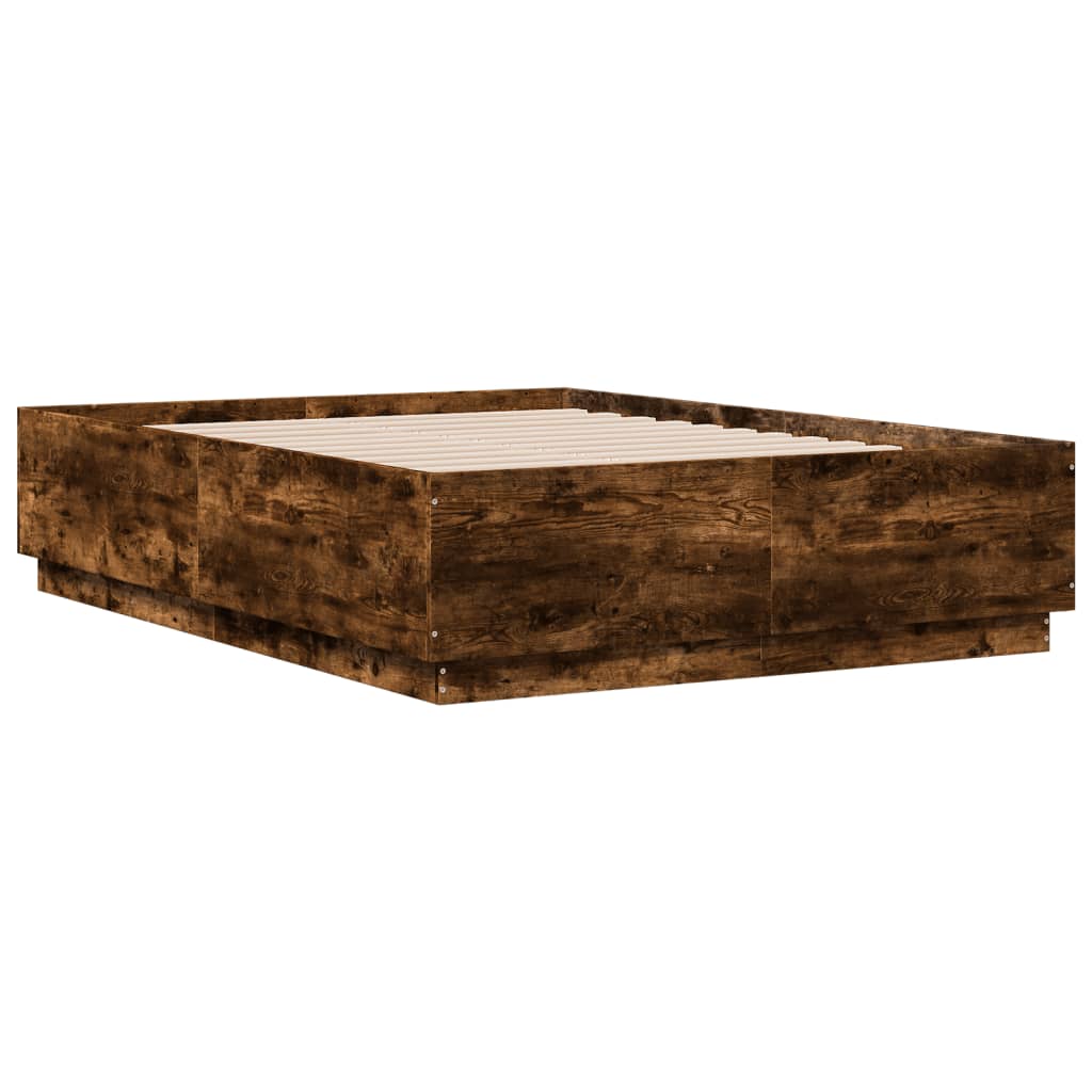 Bed Frame with LED without Mattress Smoked Oak 135x190 cm Double