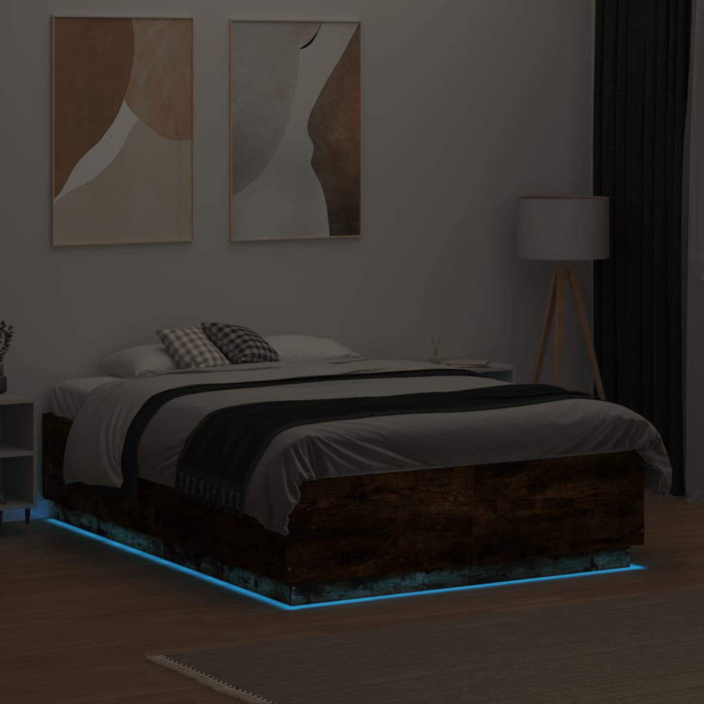 Bed Frame with LED without Mattress Smoked Oak 135x190 cm Double