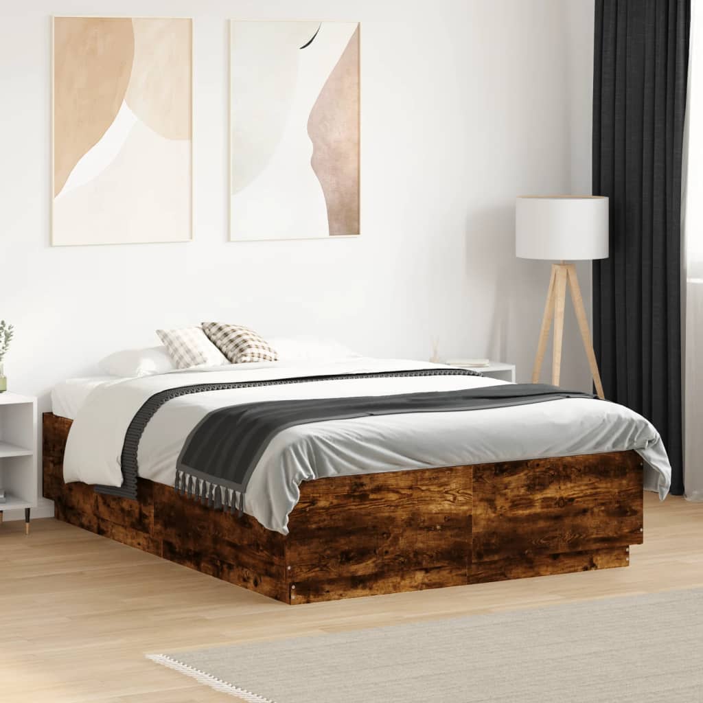 Bed Frame with LED without Mattress Smoked Oak 135x190 cm Double