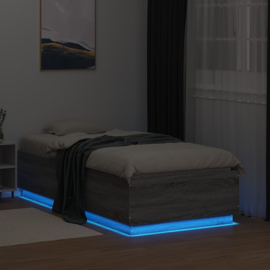 Bed Frame with LED without Mattress Grey Sonoma 75x190 cm Small Single