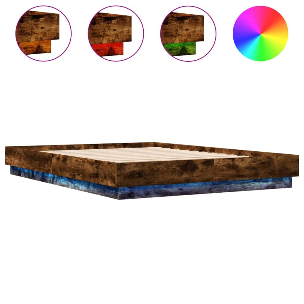 Bed Frame with LED without Mattress Smoked Oak 160x200 cm