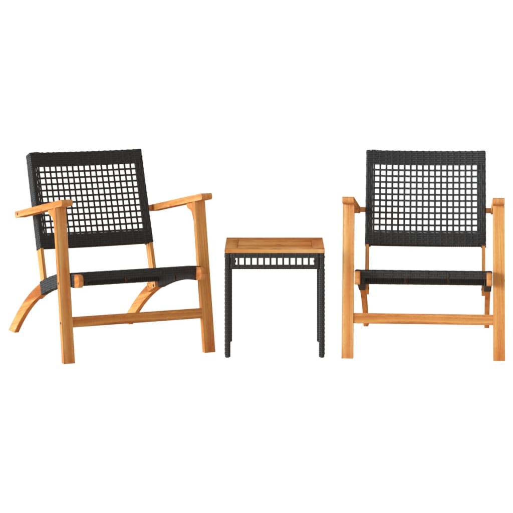 3 Piece Bistro Set Black Poly Rattan and Solid Wood Acacia