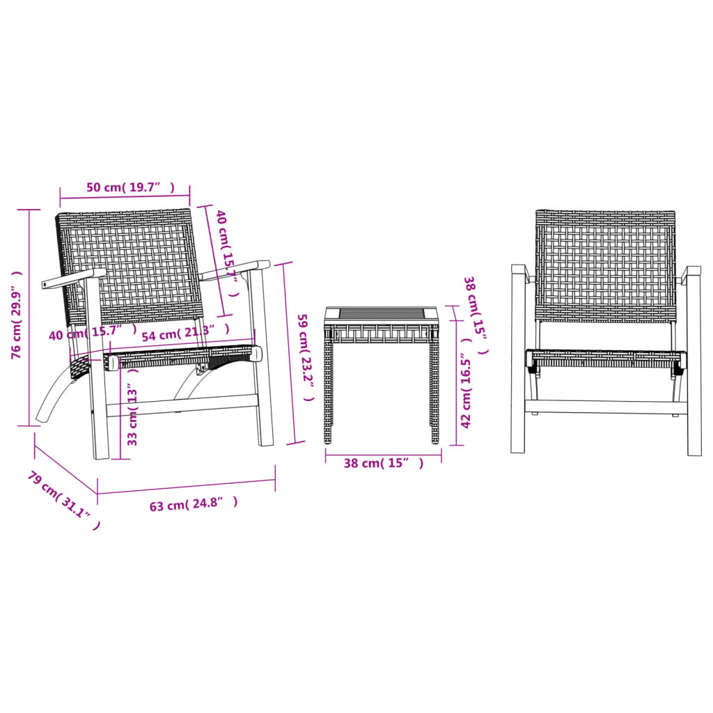 3 Piece Bistro Set Black Poly Rattan and Solid Wood Acacia