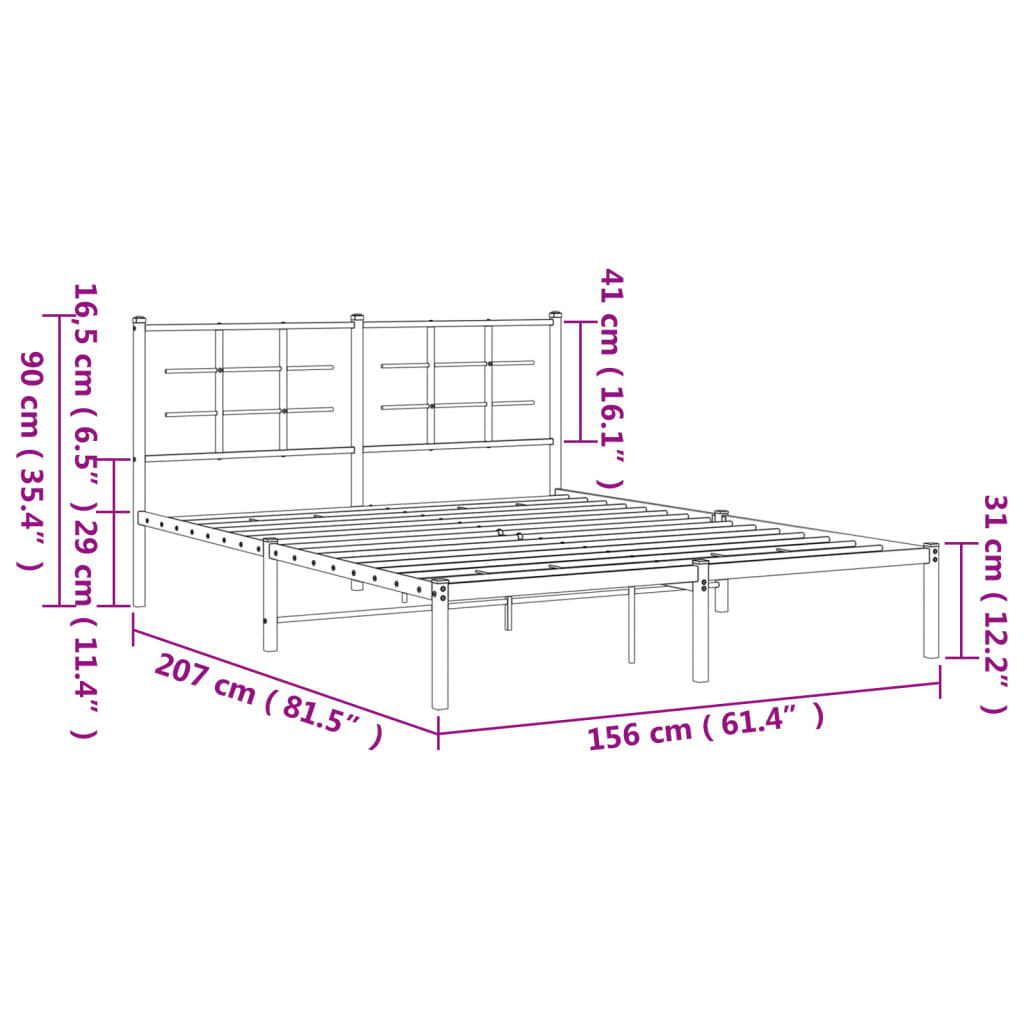 Metal Bed Frame without Mattress with Headboard Black 150x200cm