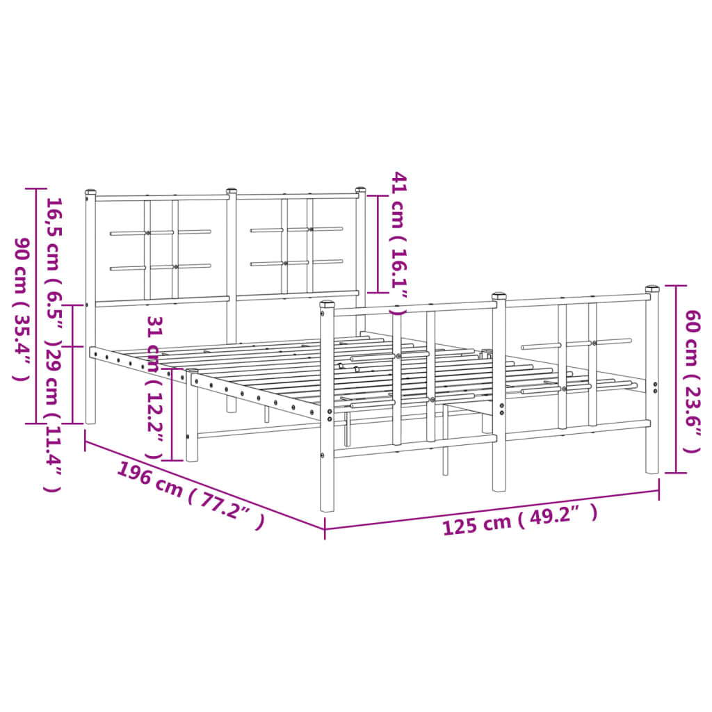 Metal Bed Frame without Mattress with Footboard Black 120x190cm