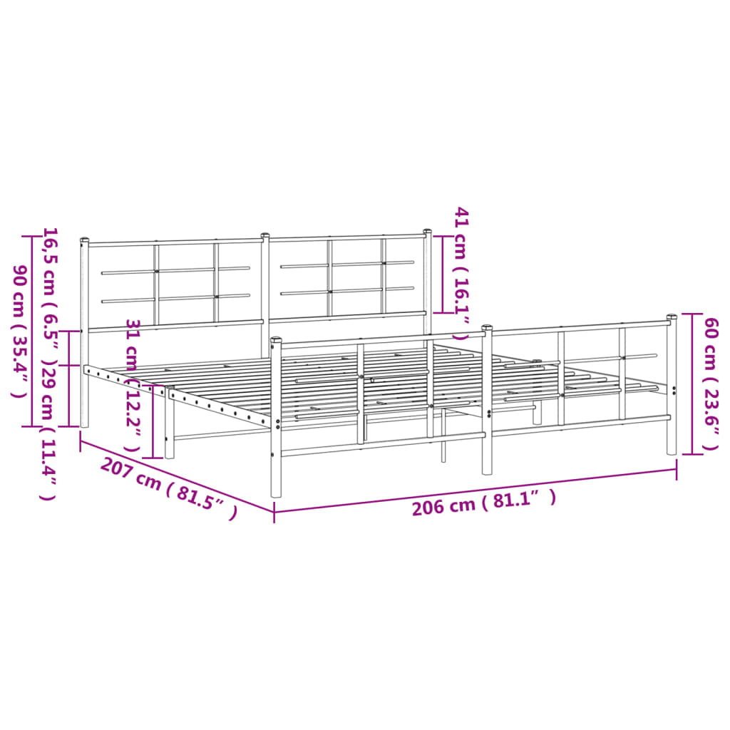 Metal Bed Frame without Mattress with Footboard Black 200x200cm