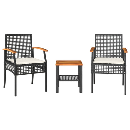 3 Piece Bistro Set with Cushions Black Poly Rattan Acacia Wood