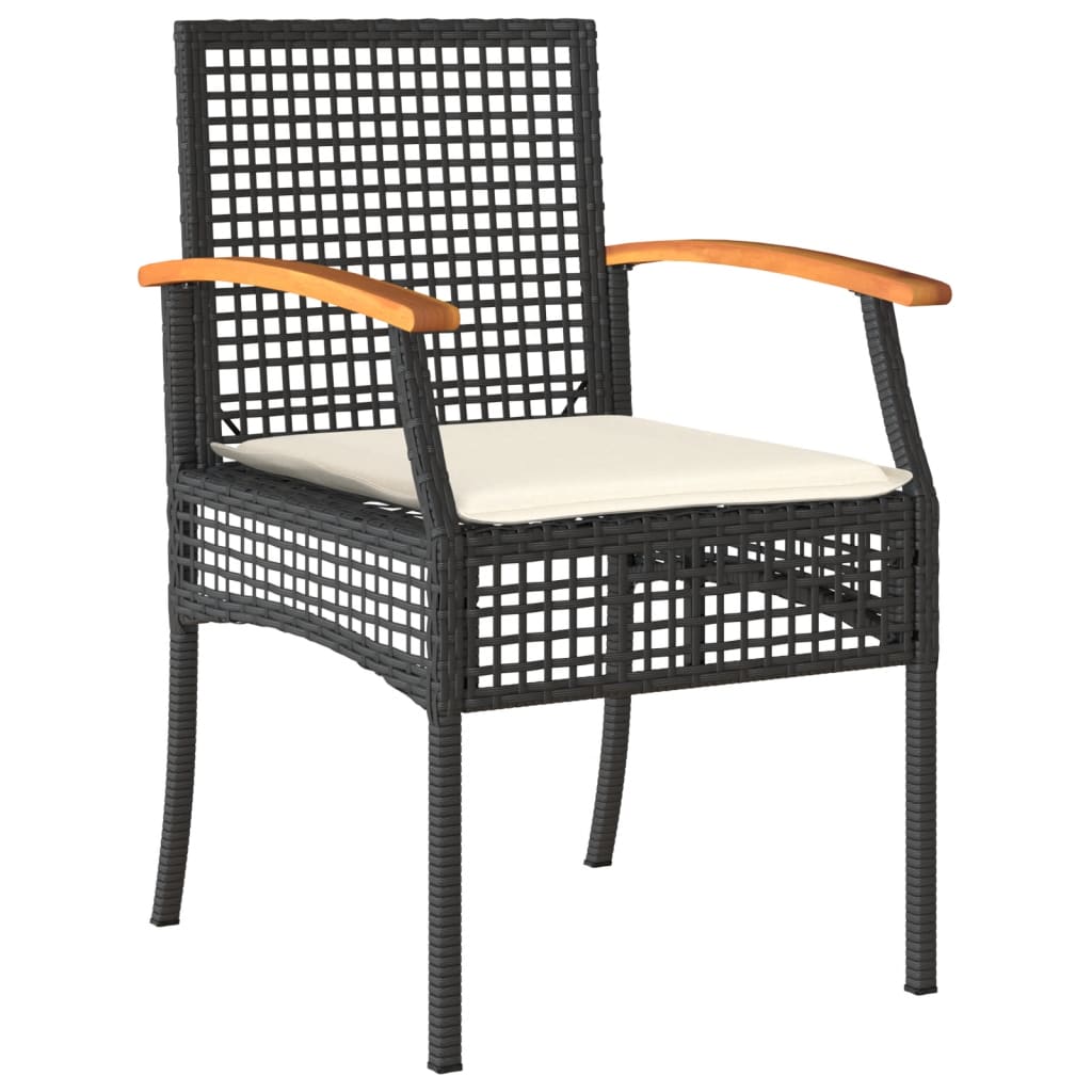 3 Piece Bistro Set with Cushions Black Poly Rattan Acacia Wood