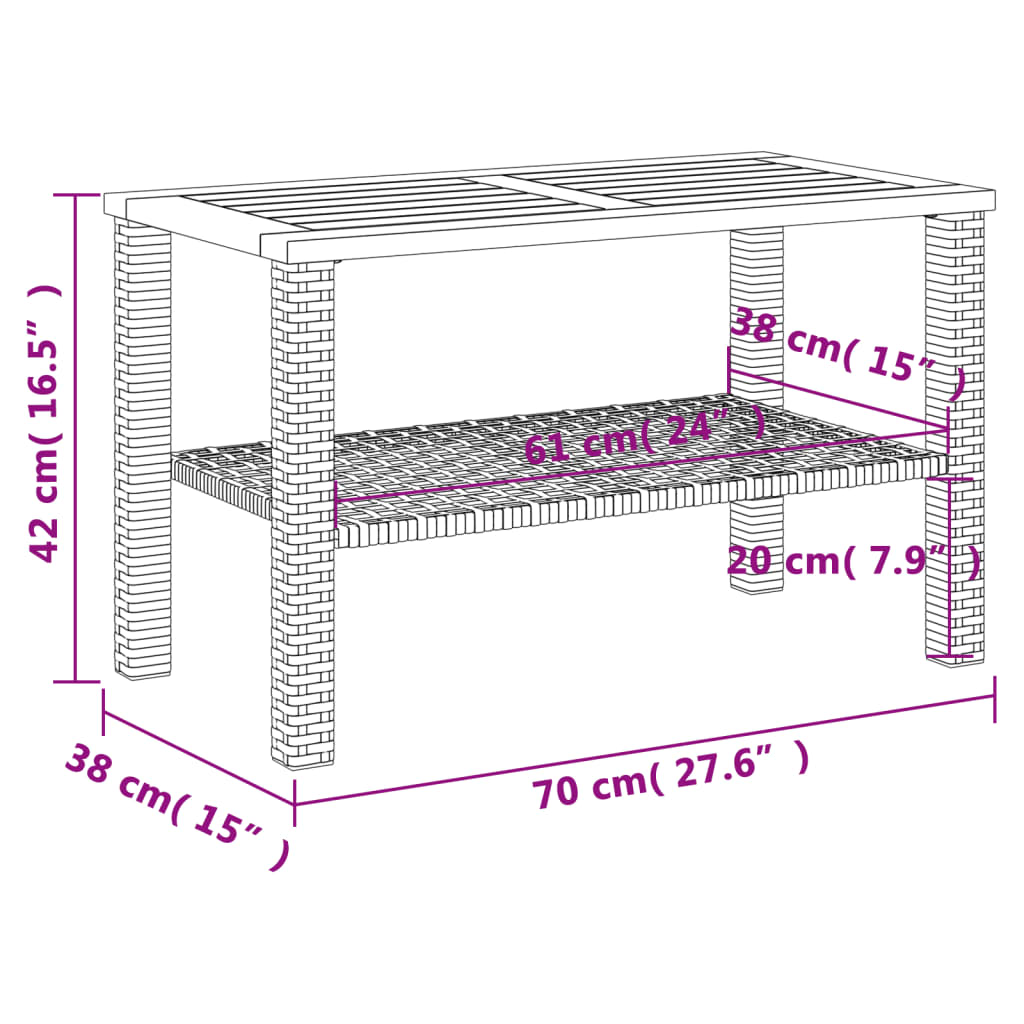 Garden Table Grey 70x38x42 cm Poly Rattan Acacia Wood