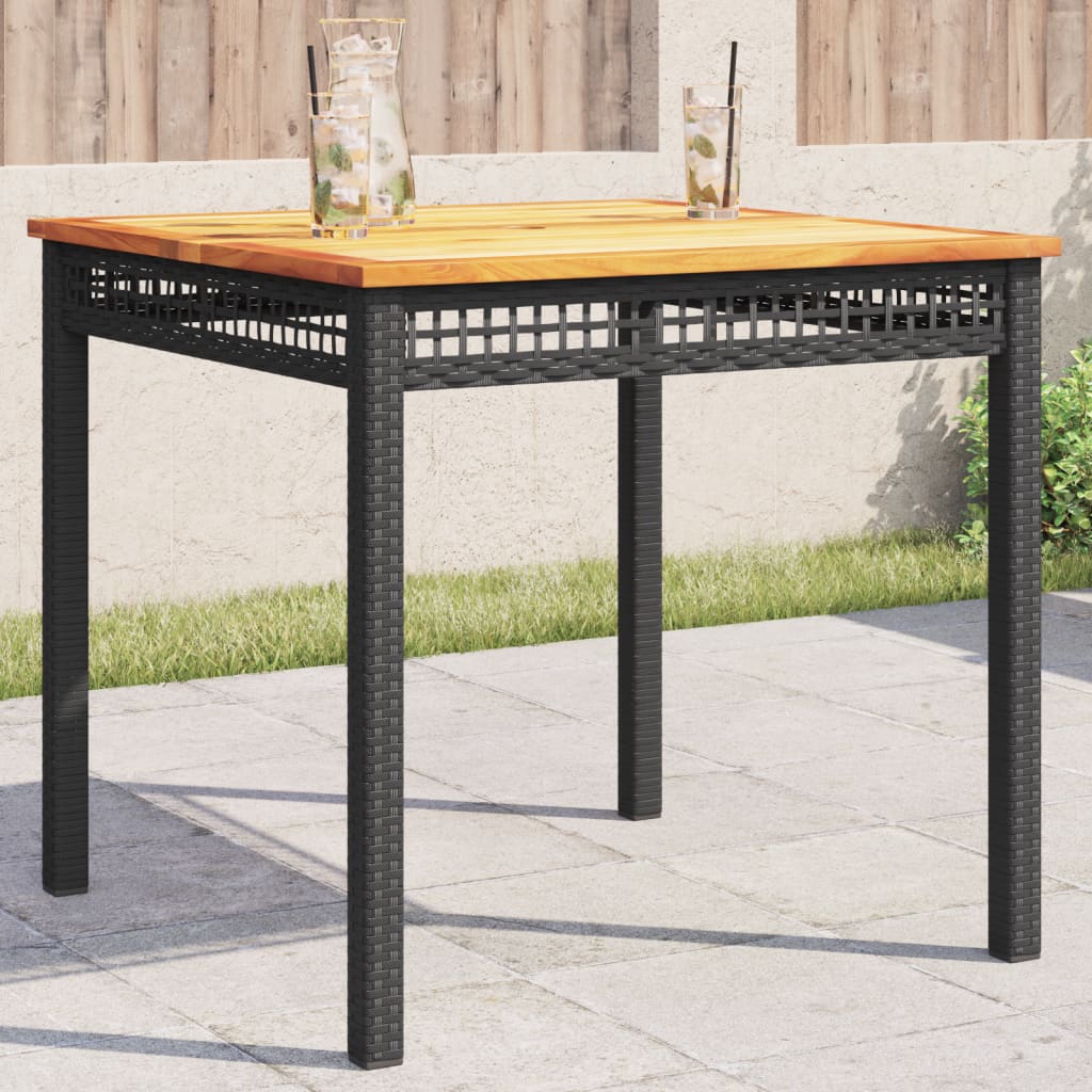 Garden Table Black 80x80x75 cm Poly Rattan Acacia Wood