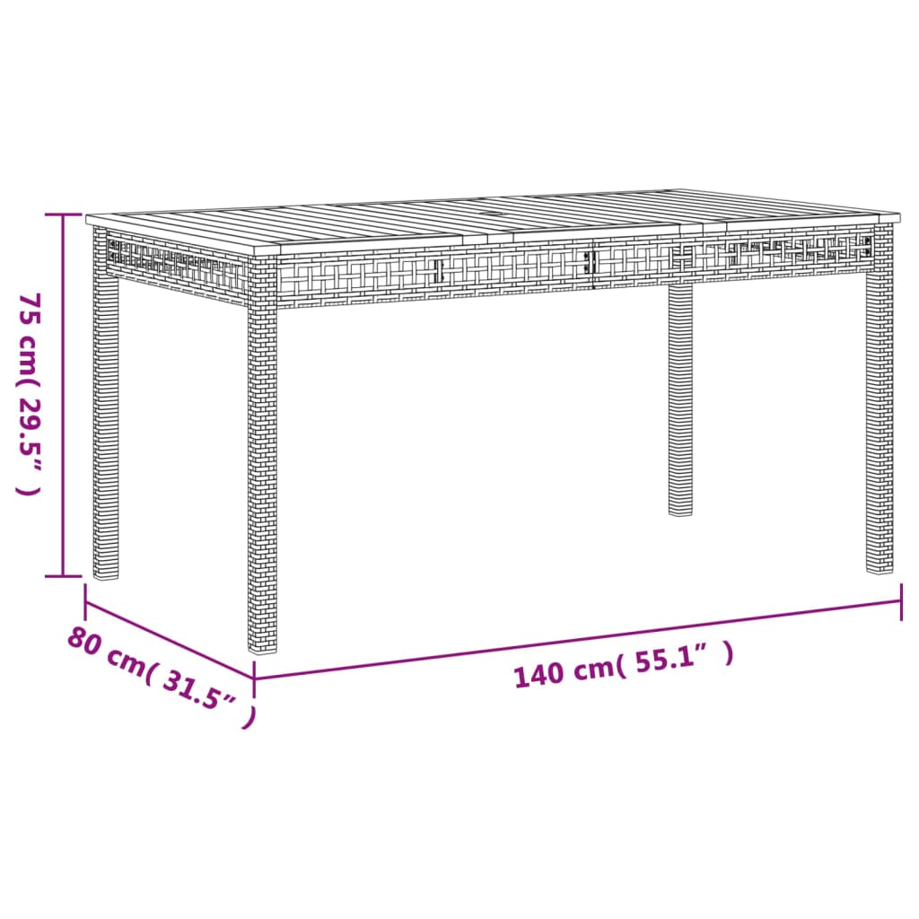 Garden Table Black 140x80x75 cm Poly Rattan Acacia Wood