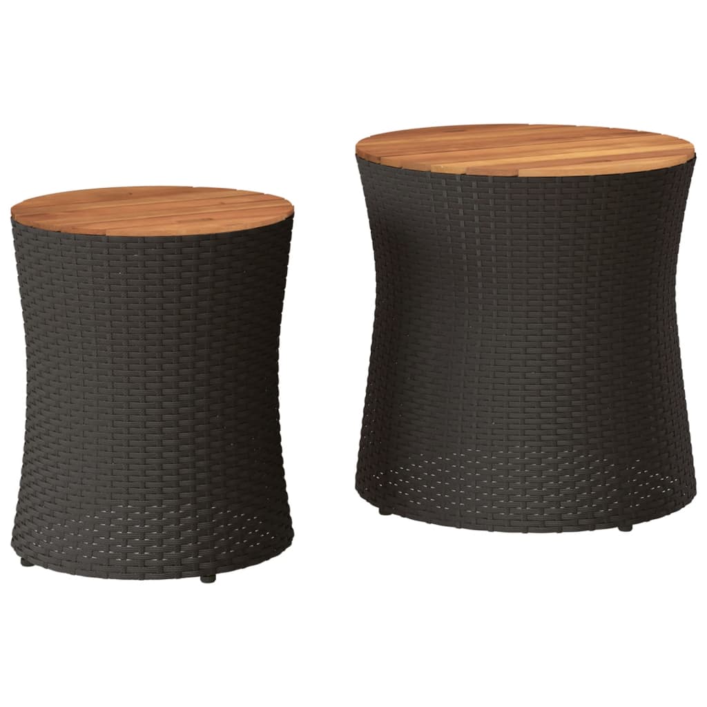 Garden Side Tables 2 pcs with Wooden Top Black Poly Rattan