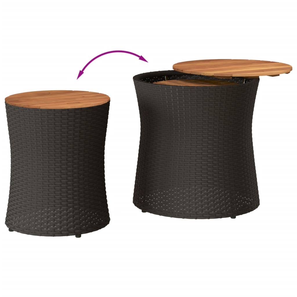 Garden Side Tables 2 pcs with Wooden Top Black Poly Rattan