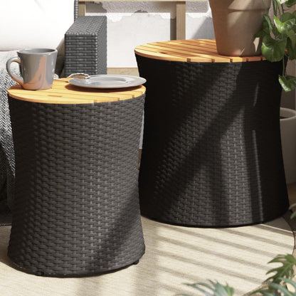 Garden Side Tables 2 pcs with Wooden Top Black Poly Rattan