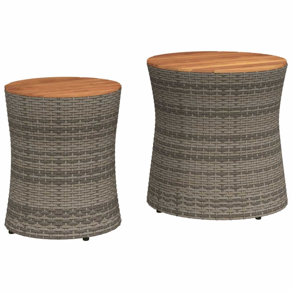 Garden Side Tables 2 pcs with Wooden Top Grey Poly Rattan