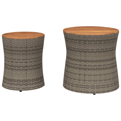 Garden Side Tables 2 pcs with Wooden Top Grey Poly Rattan