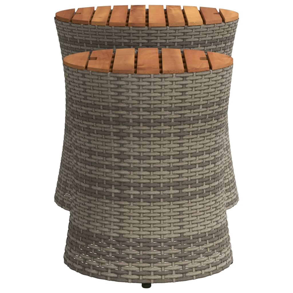 Garden Side Tables 2 pcs with Wooden Top Grey Poly Rattan