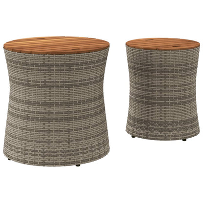 Garden Side Tables 2 pcs with Wooden Top Grey Poly Rattan